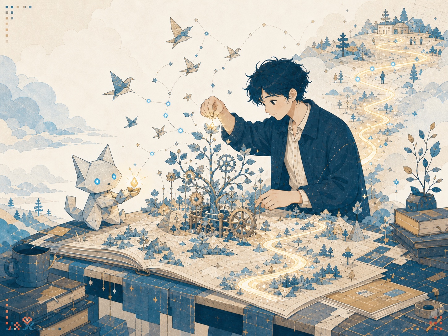 火花、踏脚石与生长形态组成明亮画面,象征好奇心和向前的动能。